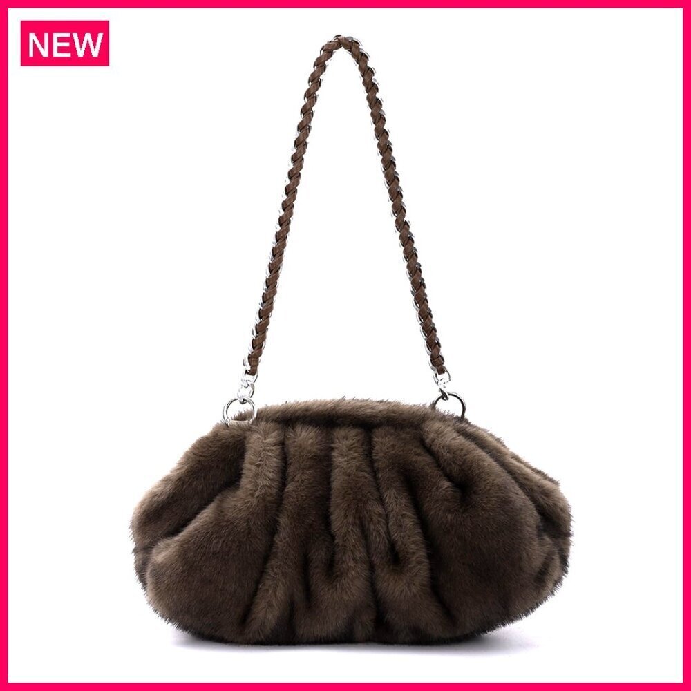Faux Fur Clutch Evening Bag with Removable Strap, Ruched Dumpling Design